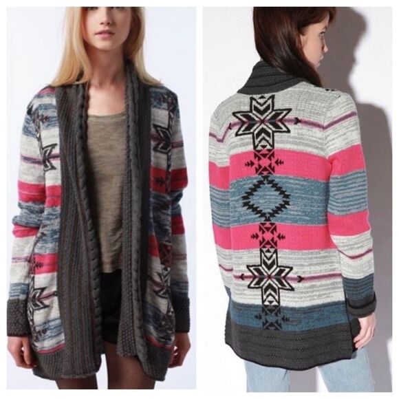Urban Outfitters Ecote Intarsia Tribal Aztec Shawl Collar Open Sweater XS - Picture 1 of 13